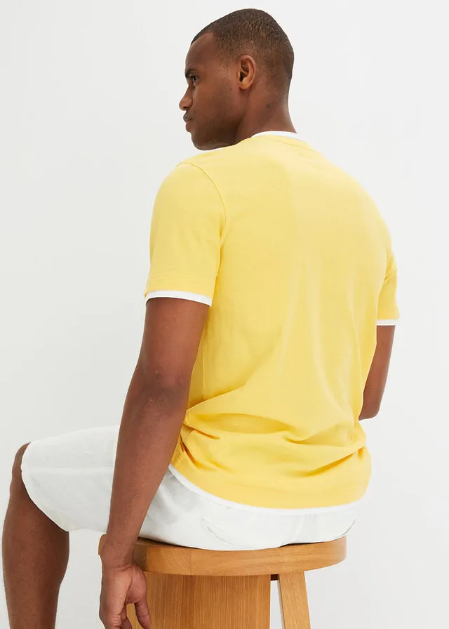 Camiseta con cuello henley y manga corta (2 unidades) Amarillo + azul marino estampado