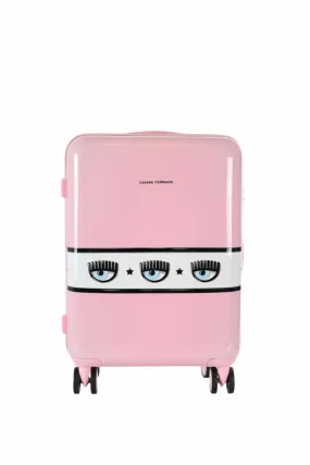 Maleta de ruedas rosa con logo ojos en cinta