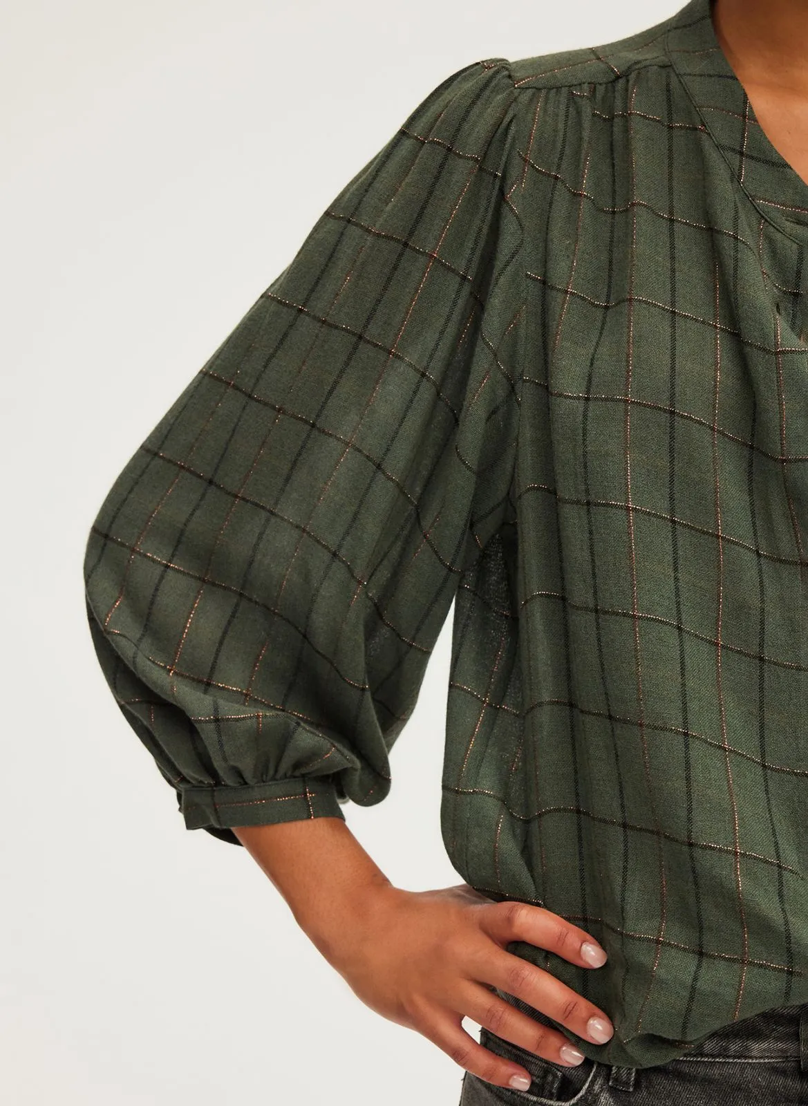 PABLO BAHIR - Camisa de cuadros con cuello redondo en verde